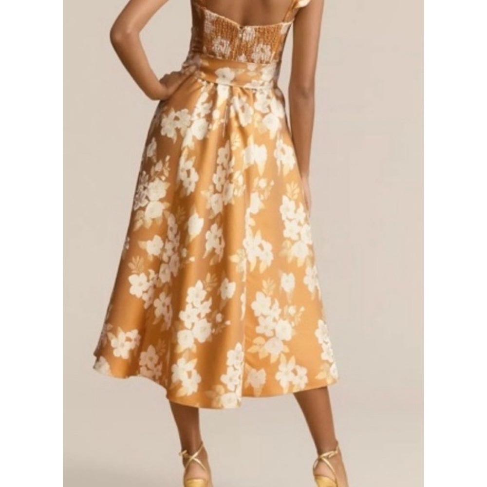 $525 Anthropologie V. Chapman Vera Ruffle Corset Slit Gold Dress Floral  10 Midi - Picture 5 of 15